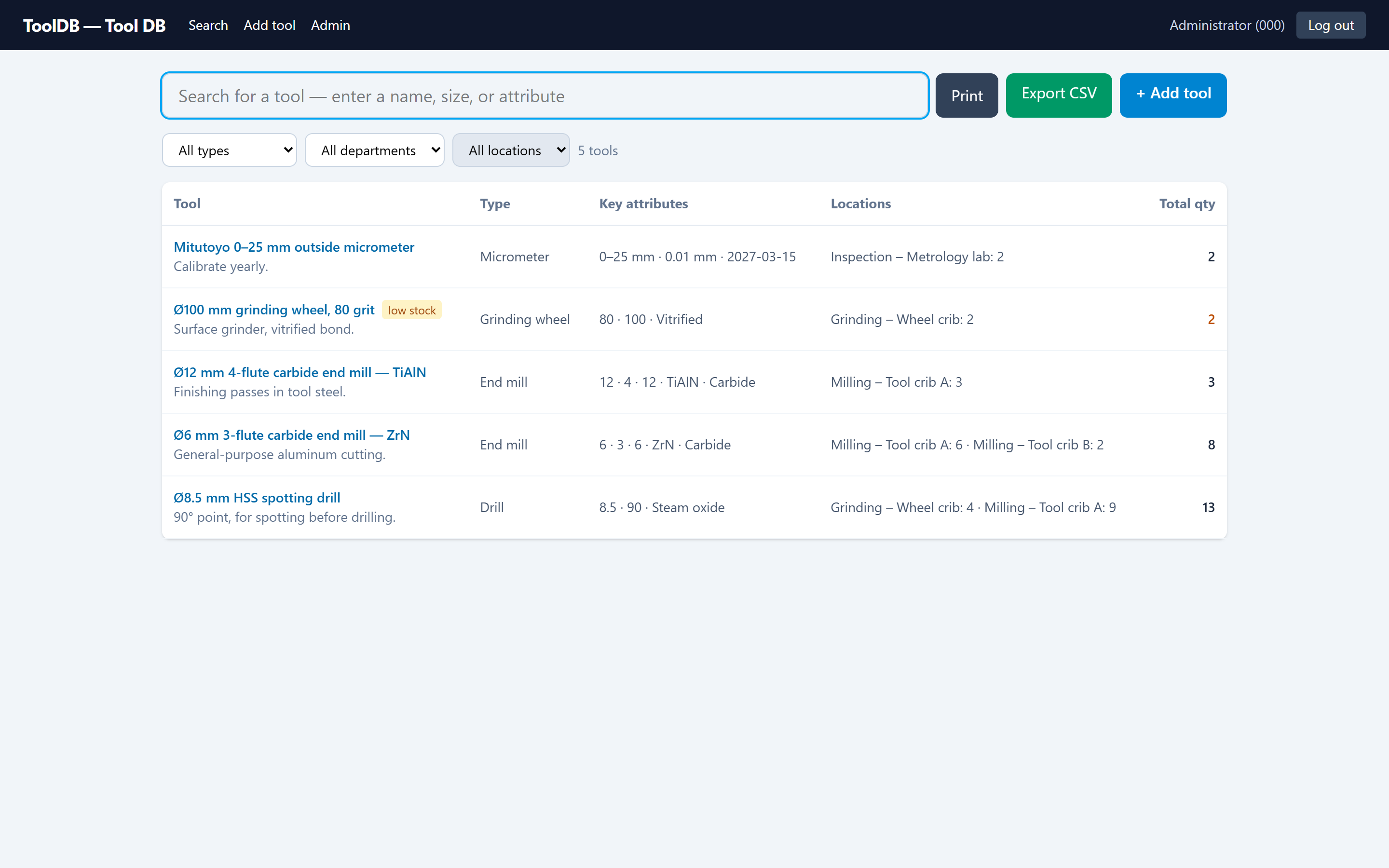 Full tool list with type, key attributes, locations, and total quantity; a low-stock badge marks tools under their reorder minimum